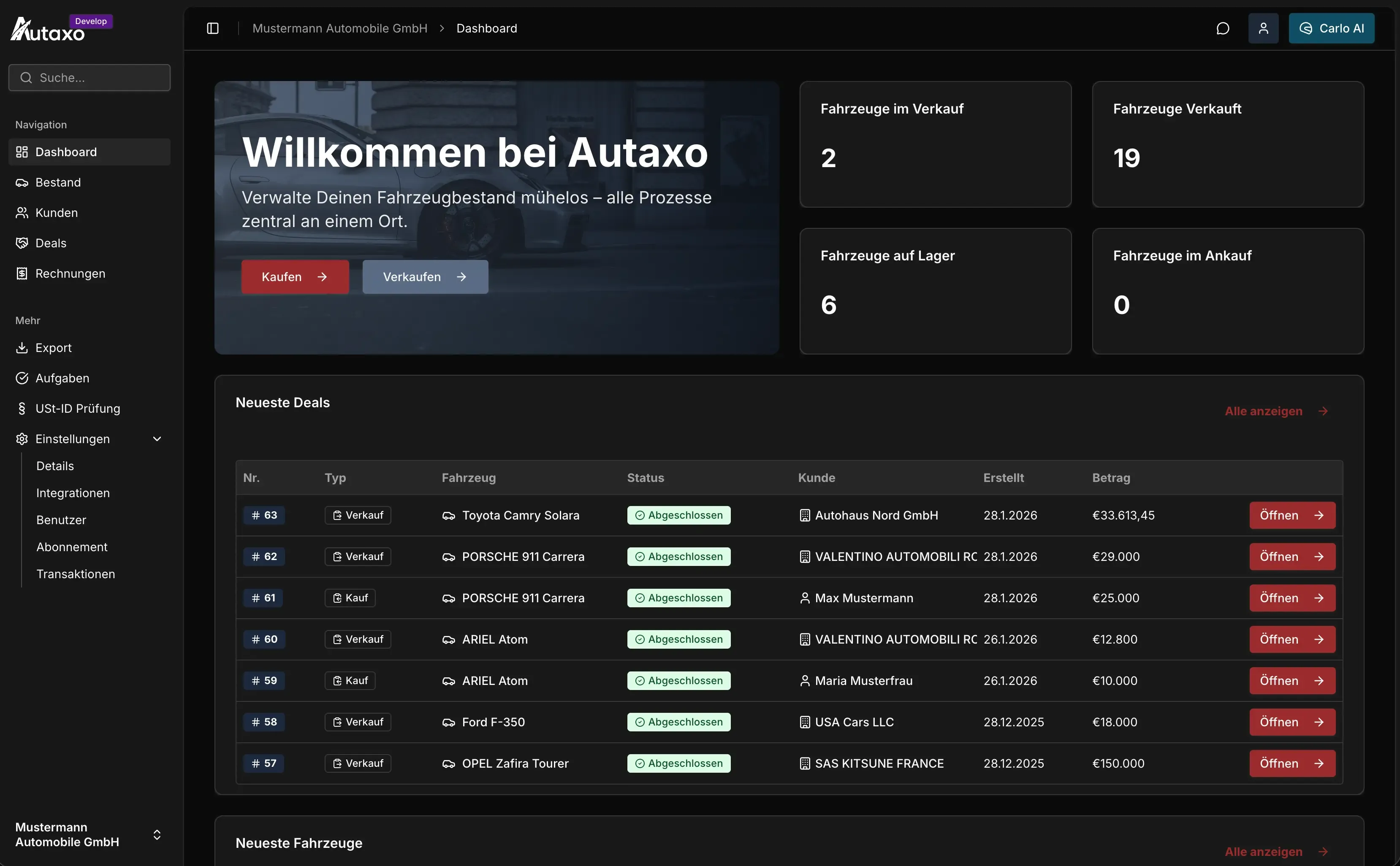 Autaxo Dashboard mit digitaler Fahrzeugakte, Statusübersicht und DATEV-Export